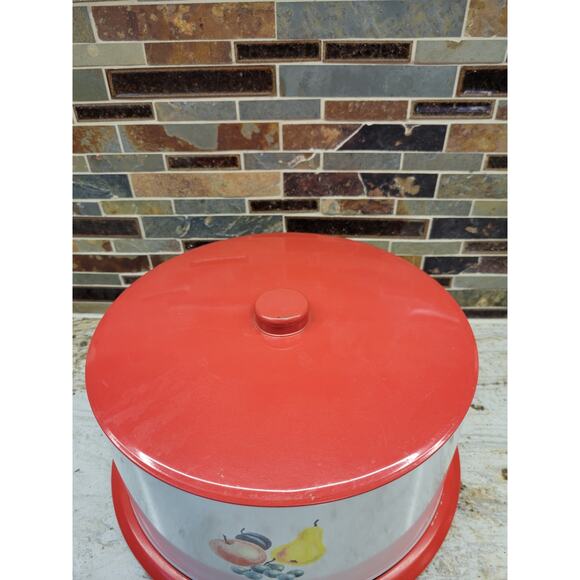 Vintage Metal Cake Carrier Decoware, Fruit Decal, Dome Cover, MCM - Picture 2 of 6